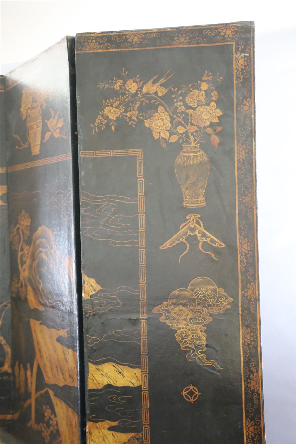 A 19th century Chinese gilt black six fold screen, each panel 45cm, 237cm high